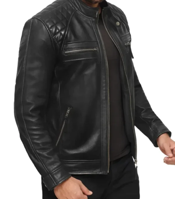Black Cafe Racer Leather Jacket Quilted Shoulders Side Look