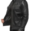 Black Cafe Racer Leather Jacket Quilted Shoulders on Sale