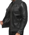 Black Cafe Racer Leather Jacket Quilted Shoulders on Sale