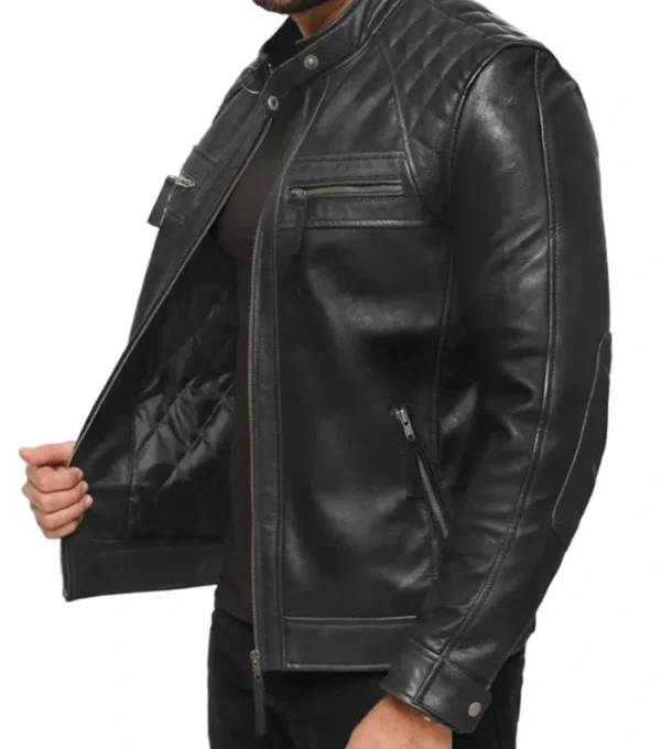 Black Cafe Racer Leather Jacket Quilted Shoulders on Sale
