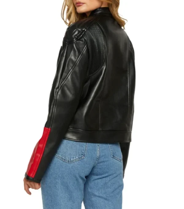Black Cafe Racer Leather Jacket Women Red And White Stripes Back
