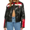 Black Cafe Racer Leather Jacket Women Red And White Stripes Front