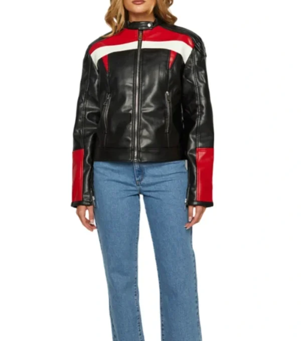 Black Cafe Racer Leather Jacket Women Red And White Stripes Front Look