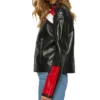 Black Cafe Racer Leather Jacket Women Red And White Stripes Side Look