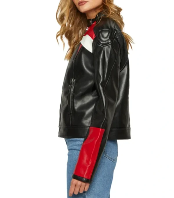 Black Cafe Racer Leather Jacket Women Red And White Stripes Side Look