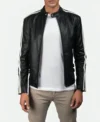 Black Cafe Racer Leather Jacket with White Sleeve Stripes