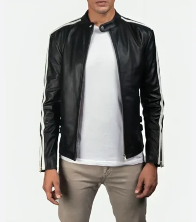 Black Cafe Racer Leather Jacket with White Sleeve Stripes