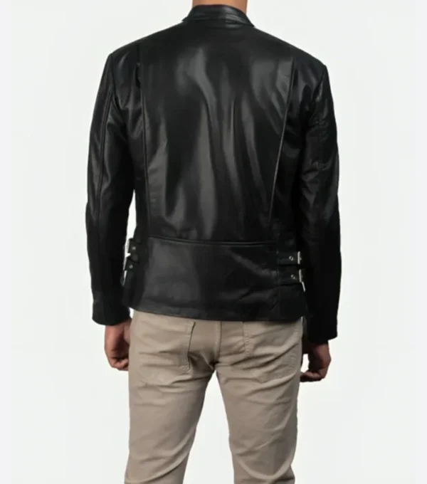 Black Cafe Racer Leather Jacket with White Sleeve Stripes Back