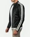 Black Cafe Racer Leather Jacket with White Sleeve Stripes Side Look