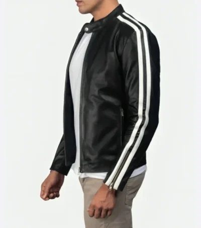 Black Cafe Racer Leather Jacket with White Sleeve Stripes Side Look