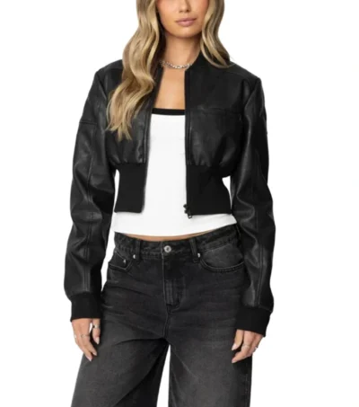 Black Cropped Bomber Style Leather Jacket
