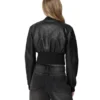Black Cropped Bomber Style Leather Jacket Back