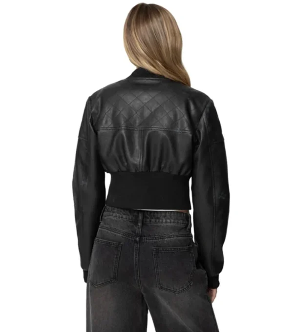Black Cropped Bomber Style Leather Jacket Back