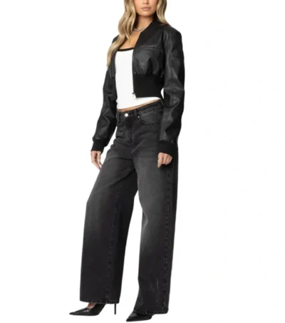 Black Cropped Bomber Style Leather Jacket Front