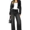 Black Cropped Bomber Style Leather Jacket on Sale