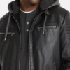 Black Hooded Cafe Racer Leather Jacket Closer