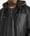 Black Hooded Cafe Racer Leather Jacket Closer