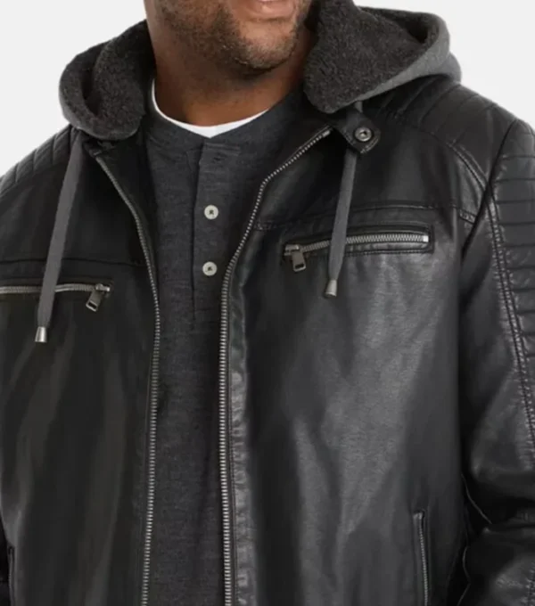 Black Hooded Cafe Racer Leather Jacket Closer