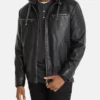 Black Hooded Cafe Racer Leather Jacket Front