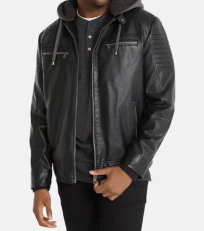 Black Hooded Cafe Racer Leather Jacket Front