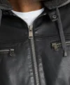 Black Hooded Cafe Racer Leather Jacket Zipper