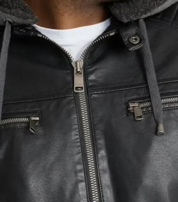 Black Hooded Cafe Racer Leather Jacket Zipper