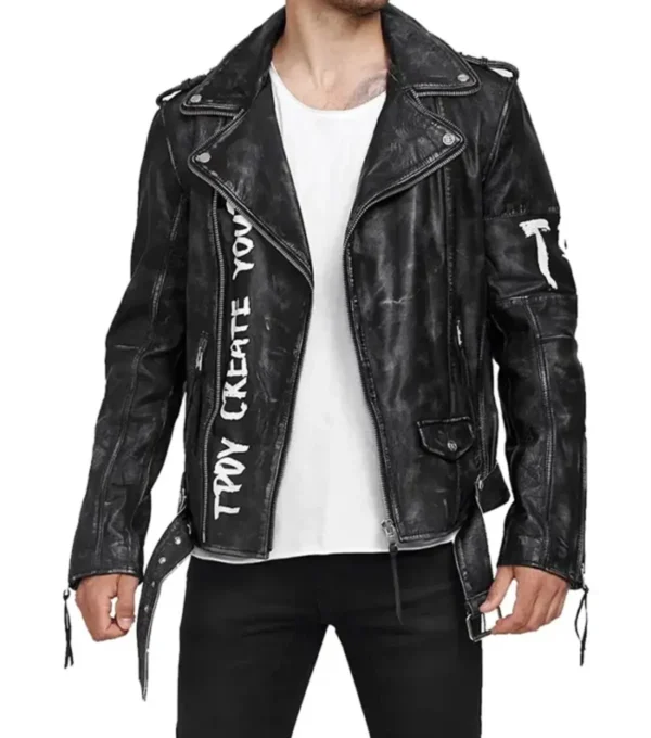 Black Leather Biker Jacket with Tiger Back Design