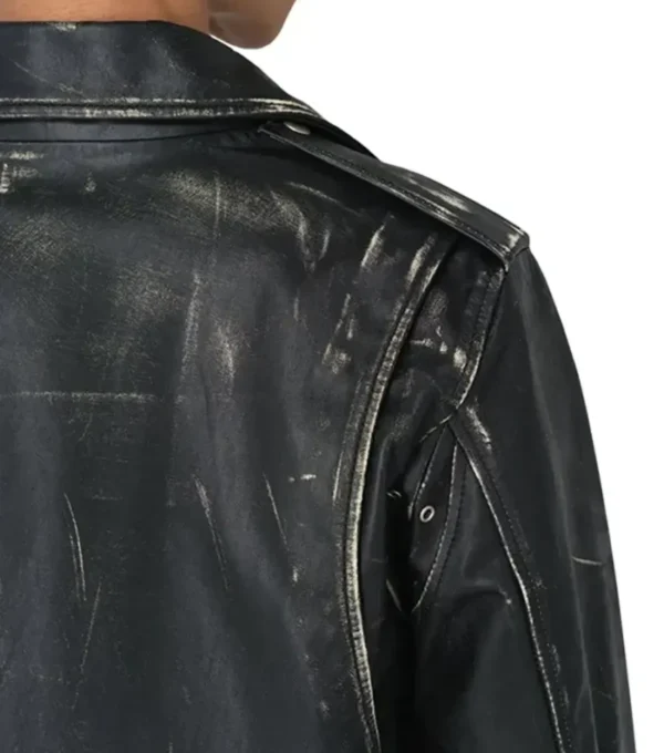 Black Leather Biker Jacket with Tiger Back Design Back Look