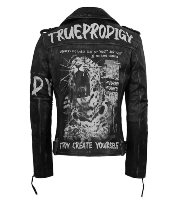 Black Leather Biker Jacket with Tiger Back Design Backs