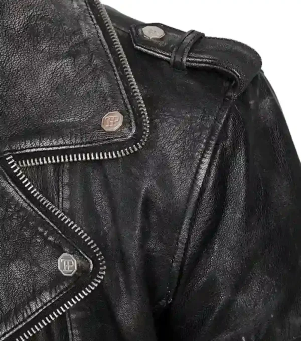 Black Leather Biker Jacket with Tiger Back Design Closer