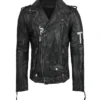 Black Leather Biker Jacket with Tiger Back Design Front