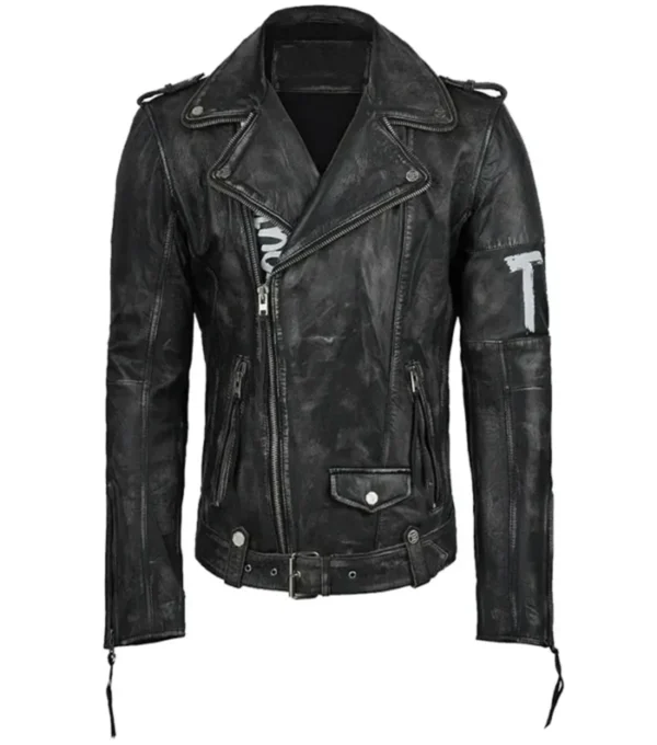 Black Leather Biker Jacket with Tiger Back Design Front