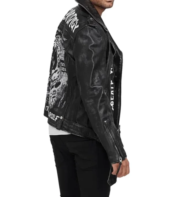 Black Leather Biker Jacket with Tiger Back Design Side Look