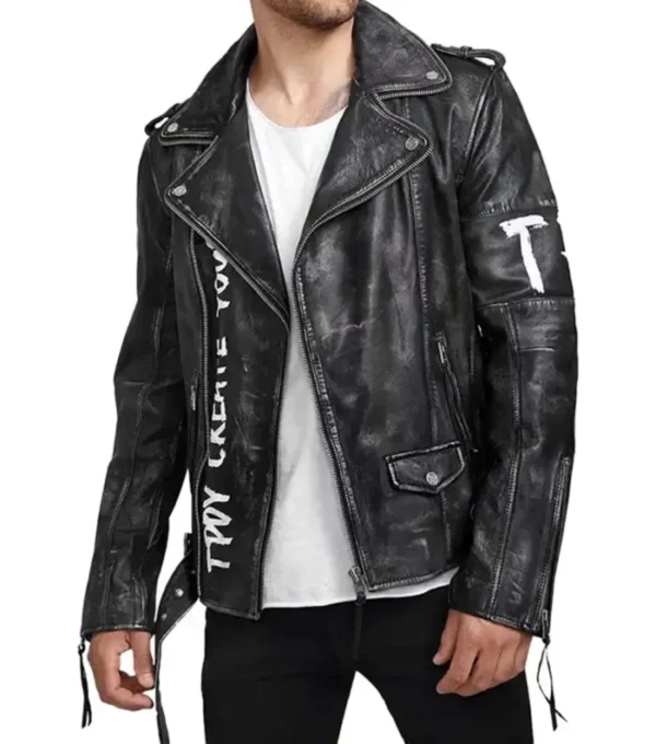 Black Leather Biker Jacket with Tiger Back Design on Sale