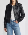 Black Leather Bomber Jacket with Front Zipper
