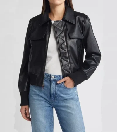 Black Leather Bomber Jacket with Front Zipper