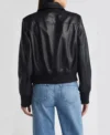 Black Leather Bomber Jacket with Front Zipper Back