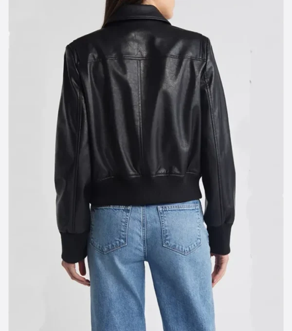 Black Leather Bomber Jacket with Front Zipper Back