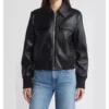 Black Leather Bomber Jacket with Front Zipper Front