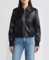 Black Leather Bomber Jacket with Front Zipper Front
