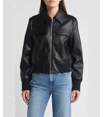 Black Leather Bomber Jacket with Front Zipper Front