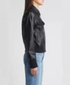 Black Leather Bomber Jacket with Front Zipper Side Look