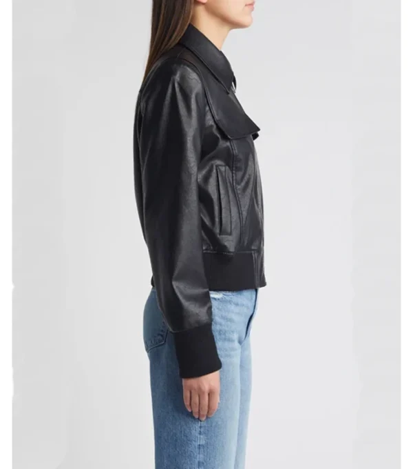 Black Leather Bomber Jacket with Front Zipper Side Look