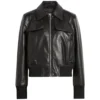 Black Leather Bomber Jacket with Front Zipper on Sale