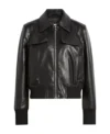 Black Leather Bomber Jacket with Front Zipper on Sale