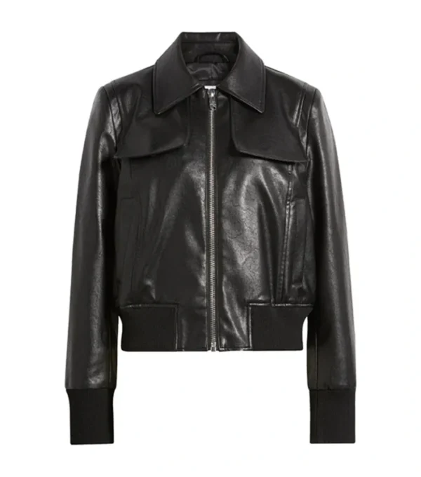 Black Leather Bomber Jacket with Front Zipper on Sale