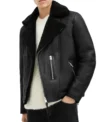 Black Leather Jacket with Black Fur Lining Front