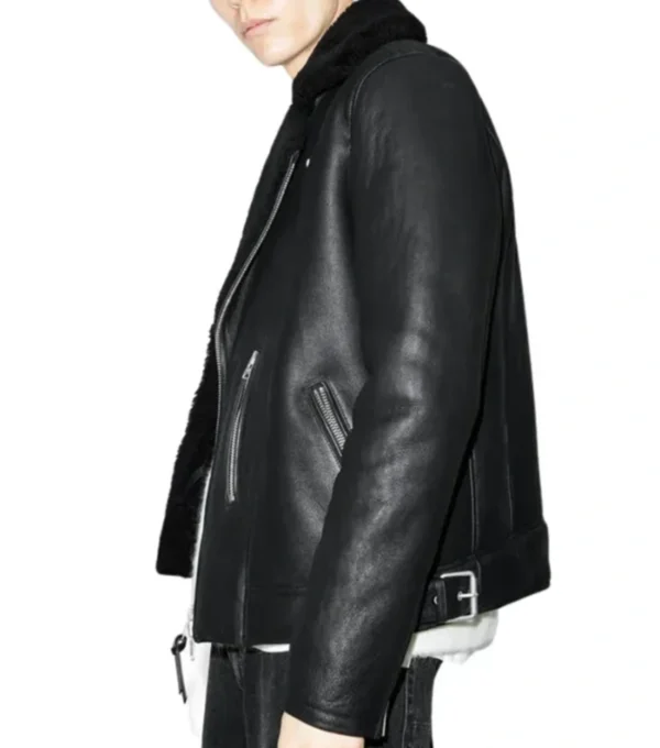 Black Leather Jacket with Black Fur Lining Side Look