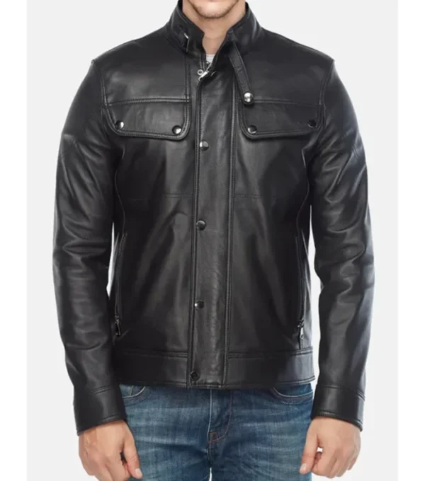 Black Leather Jacket with Chest Flap Pockets