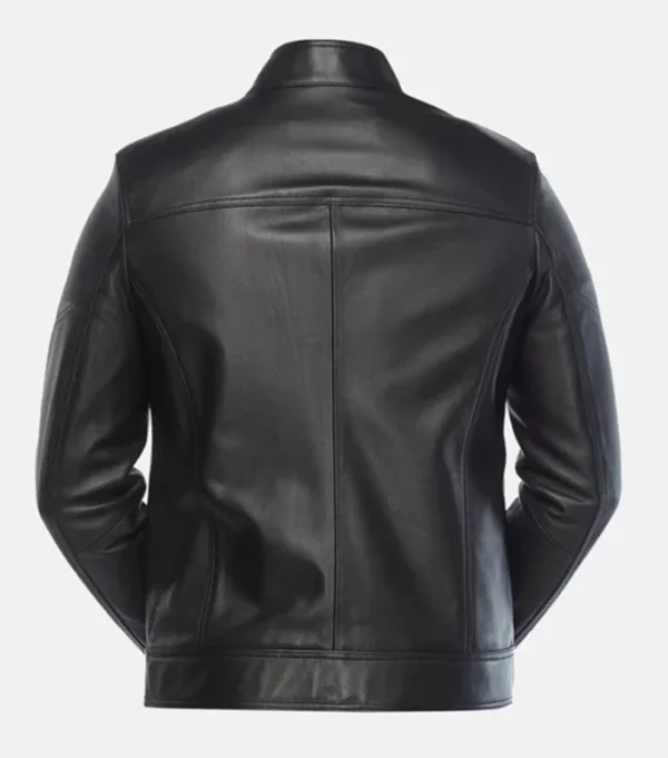 Black Leather Jacket with Chest Flap Pockets Back